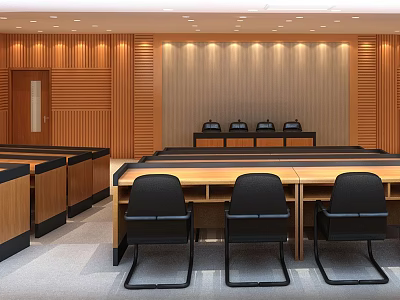 Modern Conference Room Interior With Wooden Panel Walls Tables Chairs And Ceiling Lights 3d model