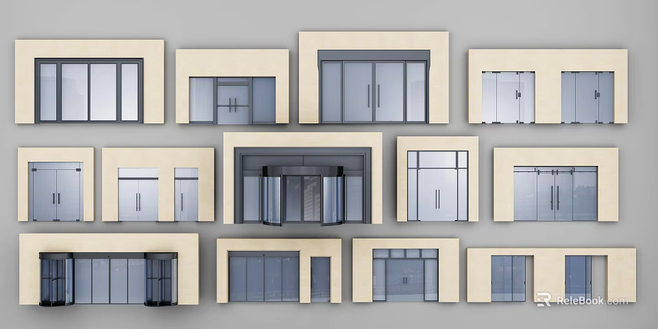 Modern Entrance Doors With Various Glass Panel And Stone Frame Designs 3d model 