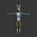 Cute Cartoon Rabbit Wearing Blue Cardigan White T shirt Camouflage Shorts Blue Shoes With Arms Outstretched