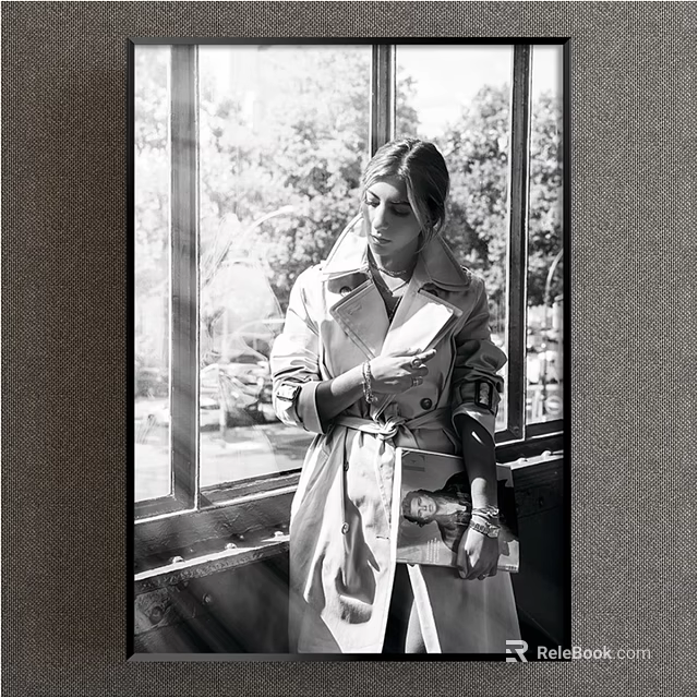 Portrait of Woman Standing by Window Wearing Trench Coat with Hands Crossed Chest and Magazine 3d model 