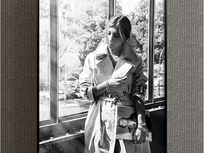 Portrait of Woman Standing by Window Wearing Trench Coat with Hands Crossed Chest and Magazine 3d model