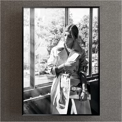 Portrait of Woman Standing by Window Wearing Trench Coat with Hands Crossed Chest and Magazine 3d model