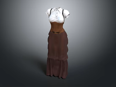 Women's Elegant White Blouse With Brown Suspenders And Ruffled Long Skirt 3d model