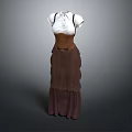 Women's Elegant White Blouse With Brown Suspenders And Ruffled Long Skirt