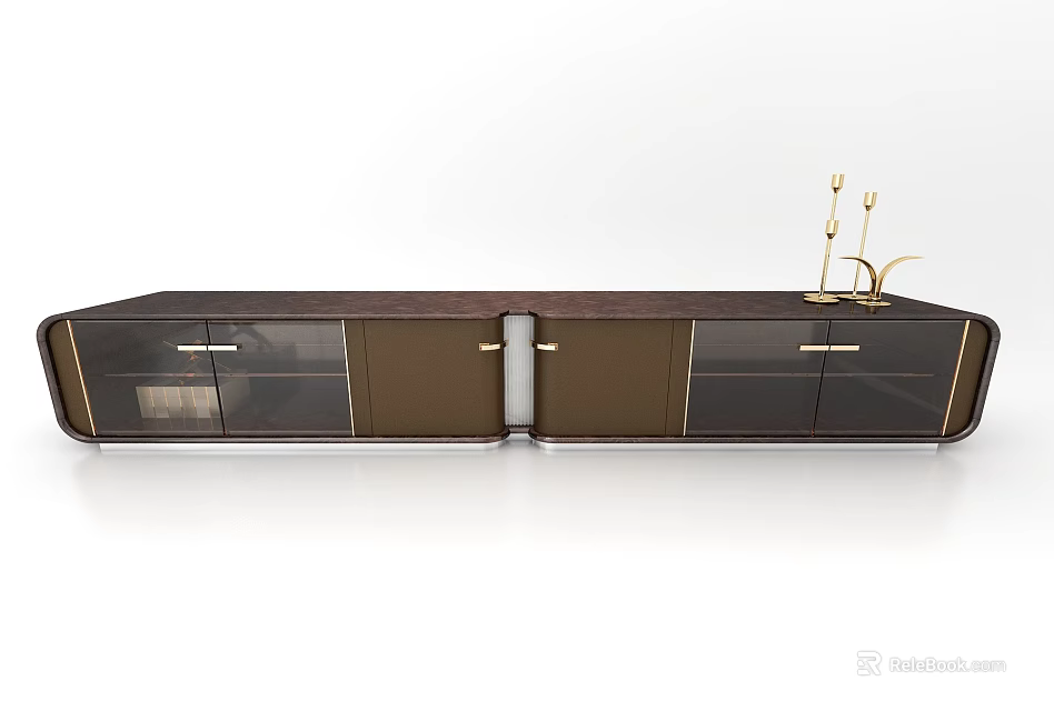 Modern Decorative Cabinet In Dark Brown With Glass Doors Metal Accents And Candlestick Decor 3d model 