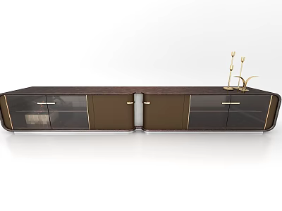 Modern Decorative Cabinet In Dark Brown With Glass Doors Metal Accents And Candlestick Decor 3d model