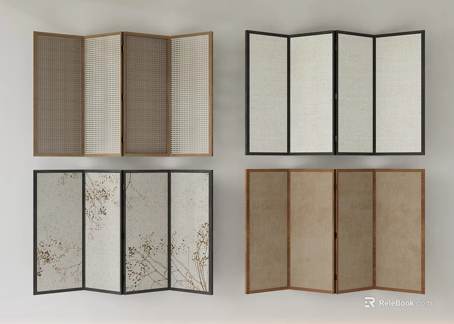 Folding Room Divider Screens With Linen Panels Grid Patterns And Floral Prints 3d model