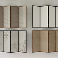 Folding Room Divider Screens With Linen Panels Grid Patterns And Floral Prints 3d model