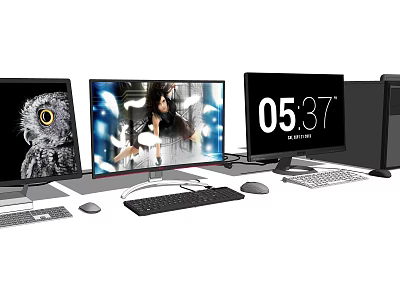 Modern Desktop Computer Setup With Multiple Monitors Keyboards And Mice 3d model