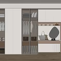 Modern Walk in Closet Interior With Glass Door Cabinets Hanging Clothes Dressing Table And Mirror