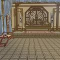 Ancient Chinese Architecture Interior Featuring Wooden Structure Carved Decorations Blue Curtains Round Table And Chairs