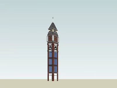Tall Clock Tower With Pointed Roof And Blue Panels Brown Structure And Clock Faces Design 3d model