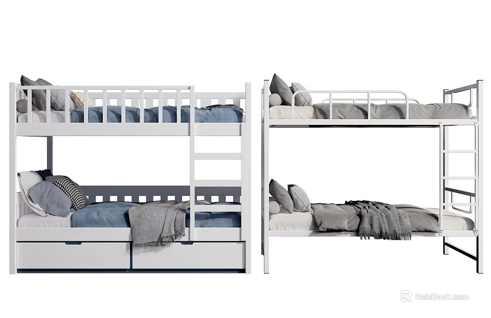 Modern White Bunk Bed With Ladder Storage Drawers Gray Pillows And Soft Blankets 3d model 