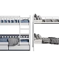 Modern White Bunk Bed With Ladder Storage Drawers Gray Pillows And Soft Blankets