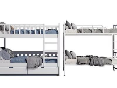Modern White Bunk Bed With Ladder Storage Drawers Gray Pillows And Soft Blankets 3d model