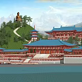 Ancient Chinese Architecture With Traditional Blue Roof Red Pillars And Mountain Water Scenery