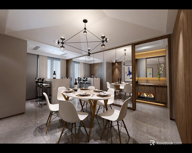 Modern Restaurant Interior With Dining Table White Chairs And Chandelier 3d model 