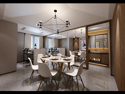 Modern Restaurant Interior With Dining Table White Chairs And Chandelier 3d model