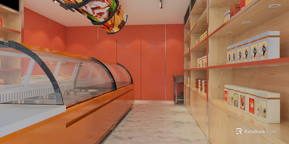 Vibrant Food Shop Interior With Orange Walls Glass Display Case Wooden Shelves And Marble Floor 3d model 
