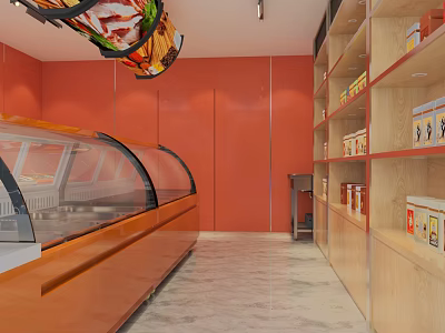 Vibrant Food Shop Interior With Orange Walls Glass Display Case Wooden Shelves And Marble Floor 3d model