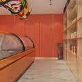 Vibrant Food Shop Interior With Orange Walls Glass Display Case Wooden Shelves And Marble Floor