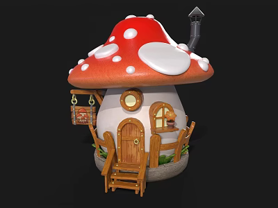 Mushroom Shaped Wooden House with Red White Spotted Roof Snow Small Chimney and Green Plants 3d model