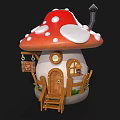 Mushroom Shaped Wooden House with Red White Spotted Roof Snow Small Chimney and Green Plants