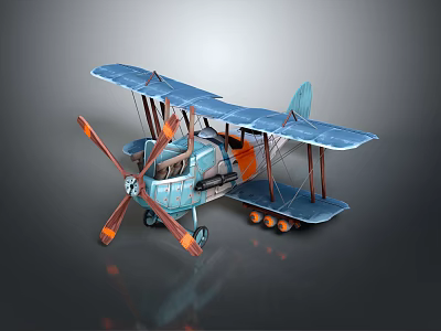 Vintage Blue And Orange Biplane Featuring Twin Propellers And Small Wheels For Aerospace Enthusiasts 3d model