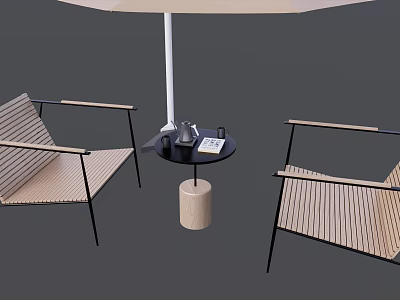 Outdoor Table with Round Black Tabletop Umbrella Two Wooden Striped Chairs and Drinks 3d model