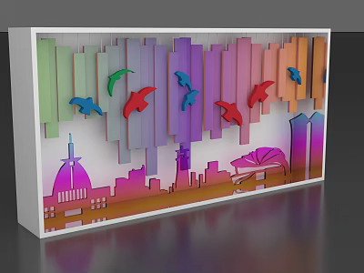 Vibrant Photo Check in Spot With Colorful Vertical Strips Birds And City Silhouette 3d model