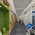School Library Interior With Bookshelves Wooden Chairs Long Tables Windows And Green Plants