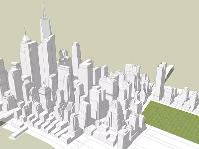 Urban Building Complex Line Drawing With High Rise Buildings Of Various Heights And Green Area 3d model
