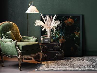 Green Velvet Armchair With Gold Accents Floor Lamp Floral Painting And Dark Green Wall 3d model