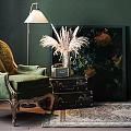 Green Velvet Armchair With Gold Accents Floor Lamp Floral Painting And Dark Green Wall