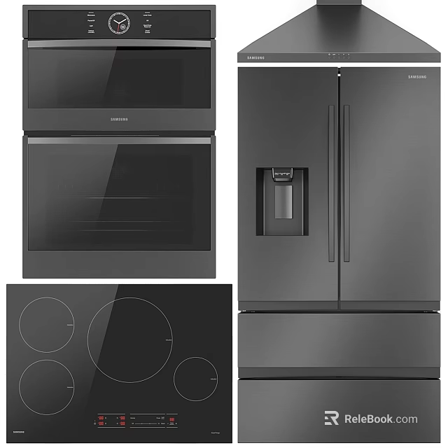 Modern Black Kitchen Appliances Set With Microwave Oven Cooktop And Refrigerator 3d model 