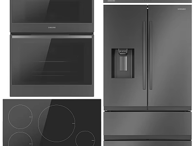 Modern Black Kitchen Appliances Set With Microwave Oven Cooktop And Refrigerator 3d model