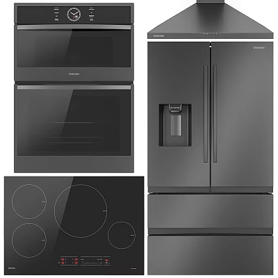 Modern Black Kitchen Appliances Set With Microwave Oven Cooktop And Refrigerator 3d model