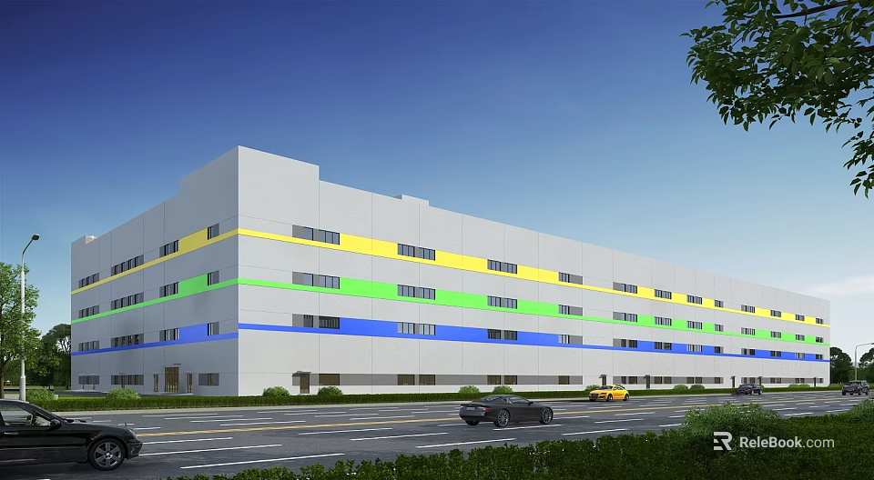 Modern Industrial Factory Exterior With Yellow Green Blue Horizontal Colorful Stripes Windows Along Roadside 3d model 