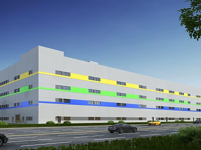 Modern Industrial Factory Exterior With Yellow Green Blue Horizontal Colorful Stripes Windows Along Roadside 3d model
