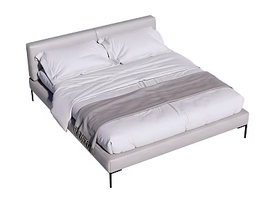 Modern Double Bed With Upholstered Headboard Black Metal Legs And White Bedding 3d model