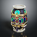 Elegant Luxury Wine Bottle And Glass With Colorful Gemstone Inlays Gold Accents Marble Base