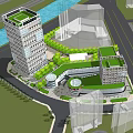 Modern Office Building With Glass Curtain Wall Pedestrian Plaza And Green Plants