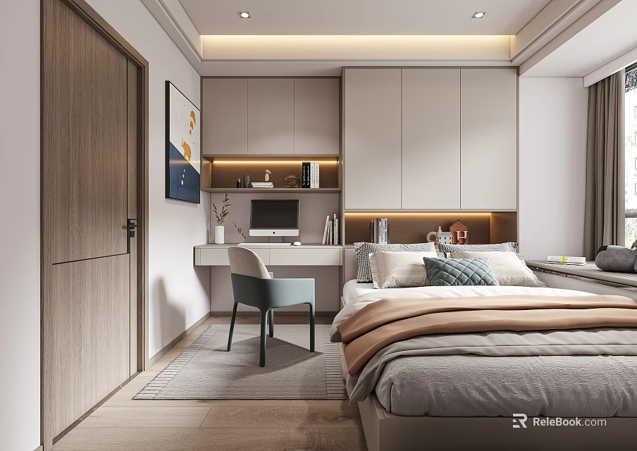 Tatami Bedroom Interior Design With Built in Desk Storage Cabinets Soft Pillows And Warm Lighting 3d model 