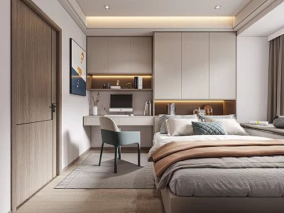 Tatami Bedroom Interior Design With Built in Desk Storage Cabinets Soft Pillows And Warm Lighting 3d model