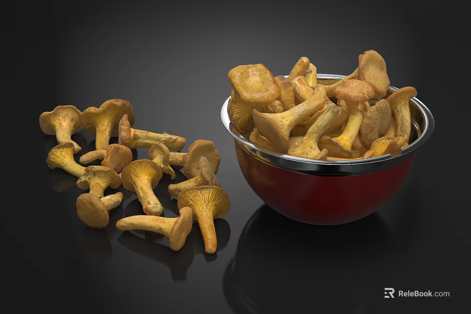Fresh Chanterelle Mushrooms Displayed in Red Bowl and Scattered on Black Surface 3d model 