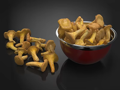 Fresh Chanterelle Mushrooms Displayed in Red Bowl and Scattered on Black Surface 3d model
