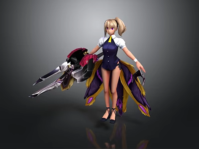 Blonde Female Character in Navy Vest Holding Biomechanical Weapon with Feathery Skirt 3d model