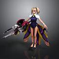 Blonde Female Character in Navy Vest Holding Biomechanical Weapon with Feathery Skirt