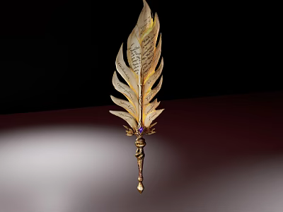 Elegant Ornate Golden Feather Quill Pen With Intricate Inscriptions And Gemstone Handle 3d model