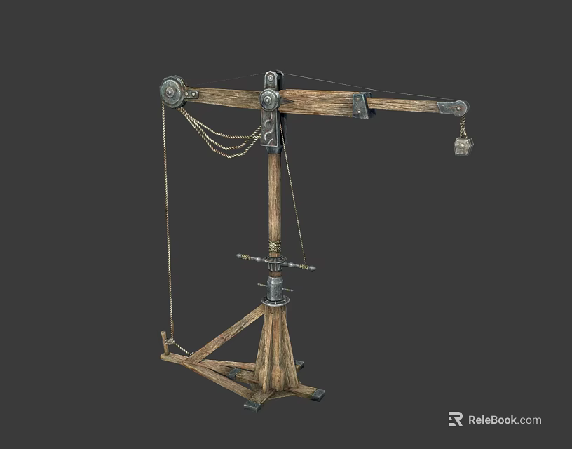 Vintage Industrial Crane With Wooden Structure Metal Pulley And Tripod Base 3d model 